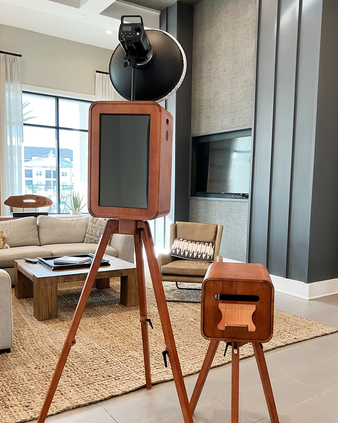 Firstlight photobooth and printer setup in a refined Tampa event space